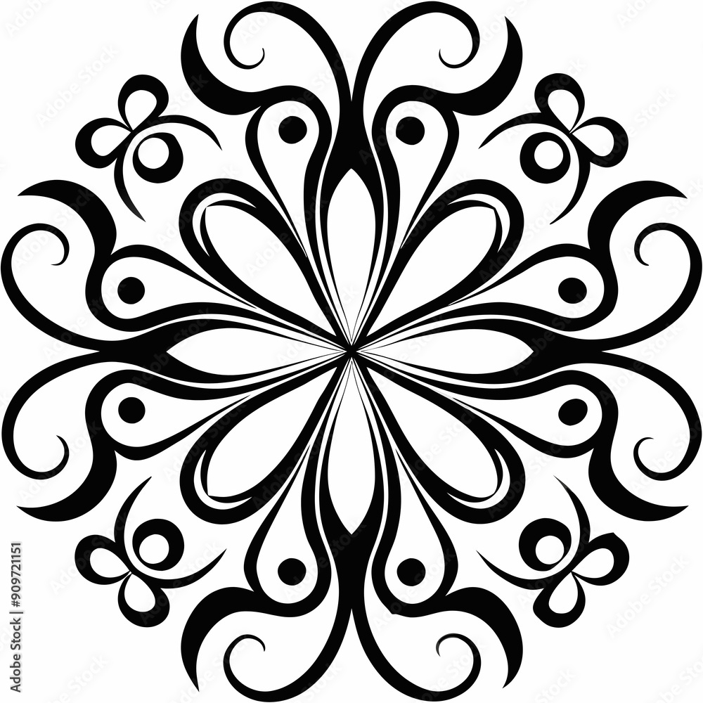 Ornate floral pattern in black and white, symmetrical design Ornate floral pattern in black and white, symmetrical design