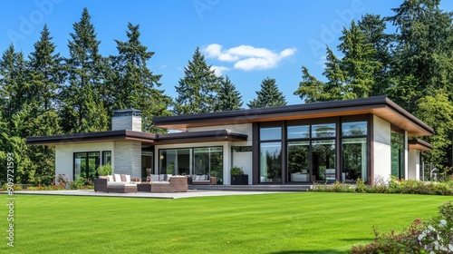 Modern home exterior with flat roof, brown trim, green lawn, and a patio furnished for outdoor lounging, set against a blue sky and forest