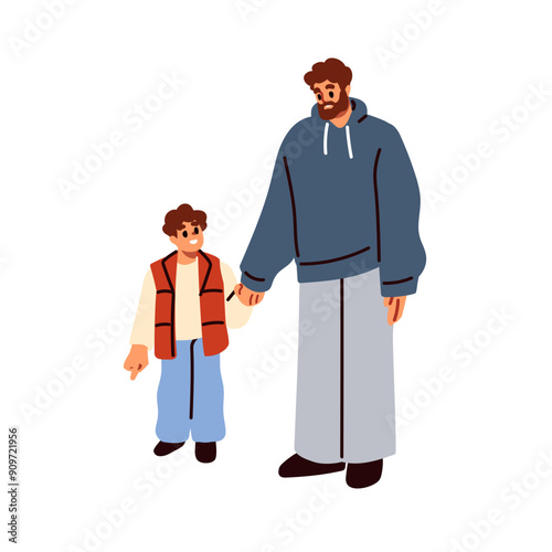Father and son holding hands, walking together. Happy smiling dad with little child. Family, man parent and cheerful boy kid standing. Flat graphic vector illustration isolated on white background