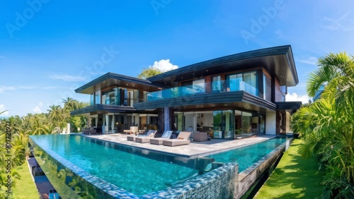 Stunning modern villa with infinity pool overlooking lush greenery and clear blue sky  perfect for luxury getaway or vacation.