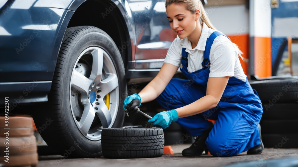 female car mechanic who is changing tires on a car at the tire shop female car mechanic who is changing tires on a car at the tire shop