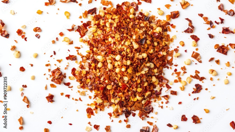 Overhead shot of dried chili flakes and seeds scattered on white, highlighting their rich red hues and spicy appeal Overhead shot of dried chili flakes and seeds scattered on white, highlighting their rich red hues and spicy appeal