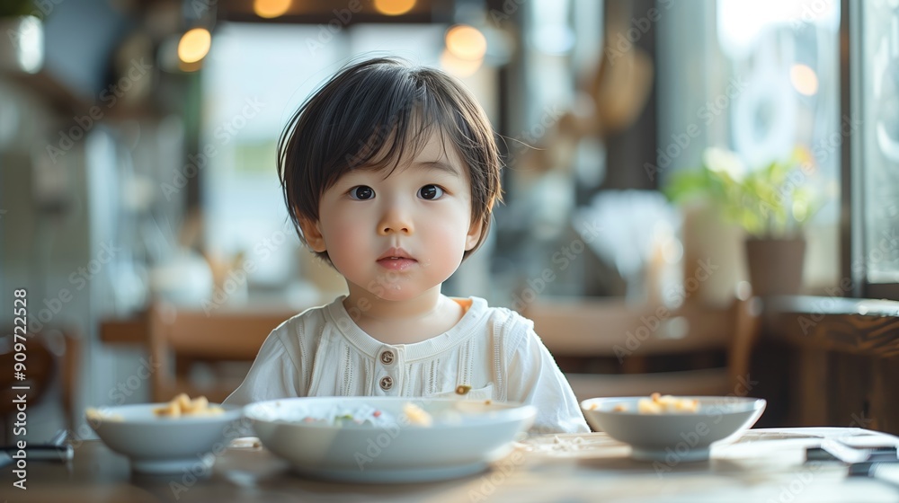 Child Sitting at a Wooden Table in a Cozy Restaurant at Lunch Time Child Sitting at a Wooden Table in a Cozy Restaurant at Lunch Time