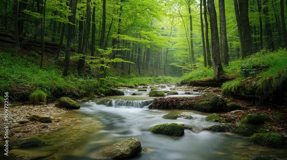 Peaceful spring forest with a bubbling brook over river rocks, surrounded by newly sprouted leaves and fresh greenery Peaceful spring forest with a bubbling brook over river rocks, surrounded by newly sprouted leaves and fresh greenery