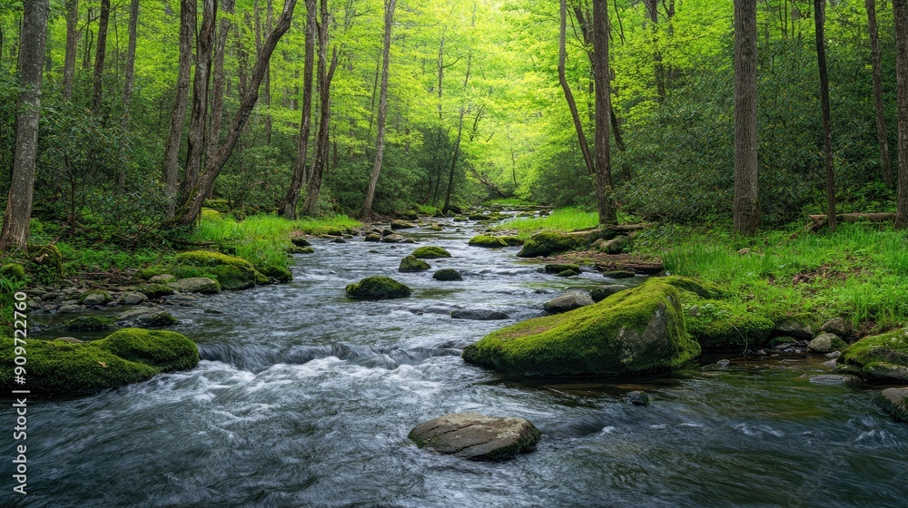 Obraz premium Picturesque spring stream winding through a dense forest, with vibrant green moss and river rocks adding to the natural beauty