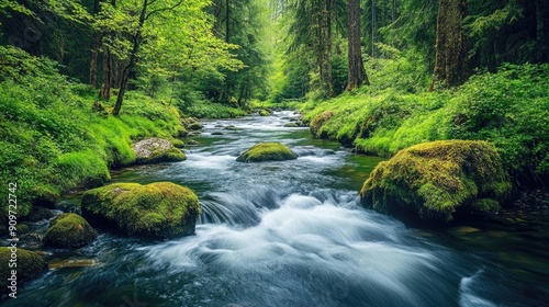 Picturesque spring stream winding through a dense forest, with vibrant green moss and river rocks adding to the natural beauty