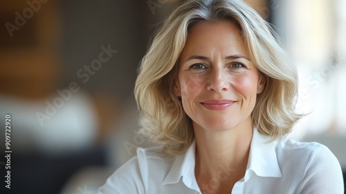 Portrait of a mid-aged blond woman smiling with confidence  wearing a white shirt and sitting indoors  close-up view