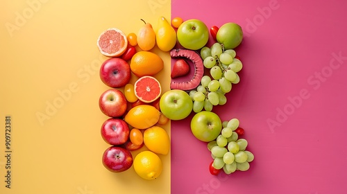 Alphabet of letter R formed with fruits of varied colors isolated on colorful background