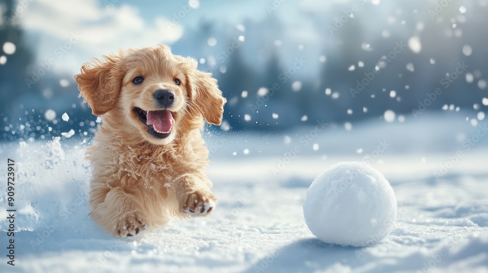 Puppy chasing a snowball rolling down a hill. Puppy chasing a snowball rolling down a hill.