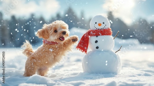 Playful dog adding scarf to snowman. photo