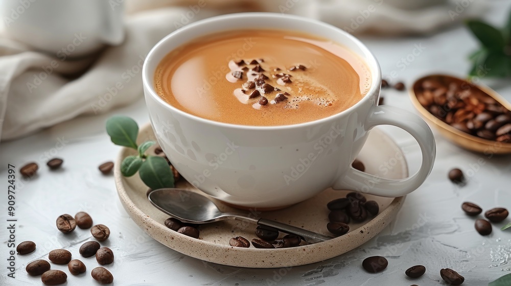 A Cup of Coffee with Roasted Beans on a White Table A Cup of Coffee with Roasted Beans on a White Table