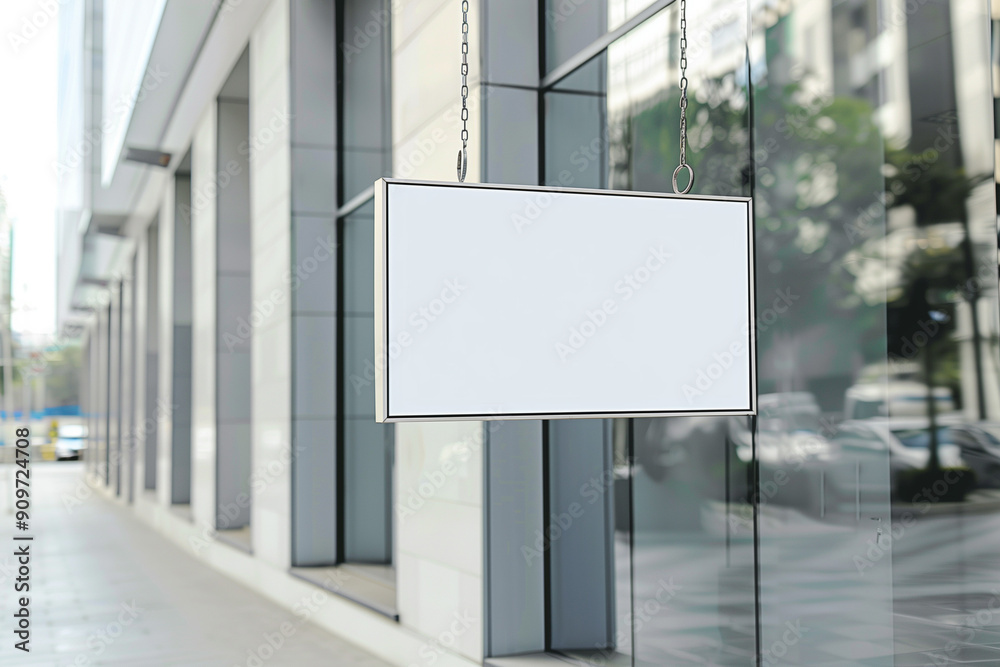 White hanging sign mockup hanging from the side of an office White hanging sign mockup hanging from the side of an office