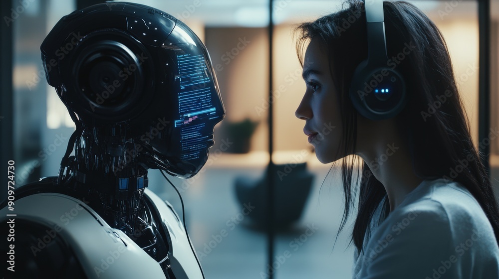 A human and an AI engage interactively while co-hosting an event in a sleek, modern studio space, showcasing advanced technology and collaboration A human and an AI engage interactively while co-hosting an event in a sleek, modern studio space, showcasing advanced technology and collaboration