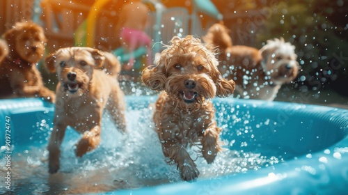 A group of playful dogs enjoying a sunny day in a blue kiddie pool, splashing around and having fun in the water. photo