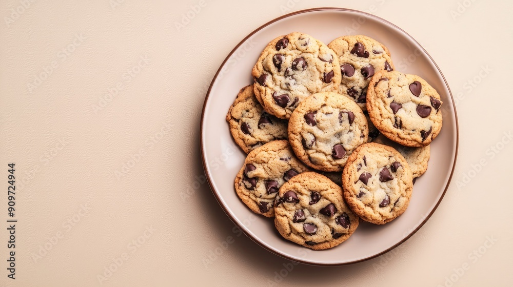 Top-down view of a plate of sweet, gooey chocolate chip cookies on a beige background, perfect for dessert photography Top-down view of a plate of sweet, gooey chocolate chip cookies on a beige background, perfect for dessert photography