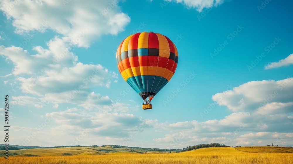 Fototapeta premium Colorful hot air balloon soaring over golden fields.