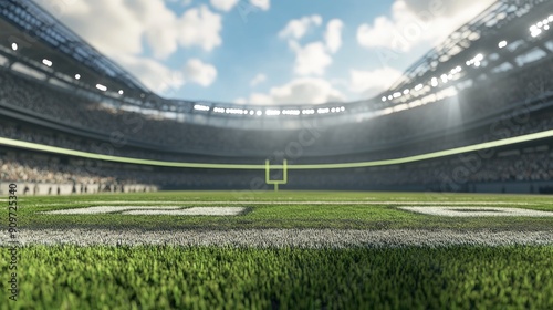 3D render of an American football stadium with green field and blurred fans. Space for text. photo