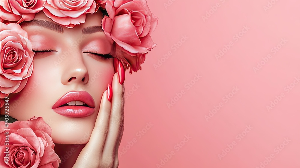 Beautiful makeup with rose patterns on a flawless face, showcasing lipstick and manicured nails. Space for text. Beautiful makeup with rose patterns on a flawless face, showcasing lipstick and manicured nails. Space for text.