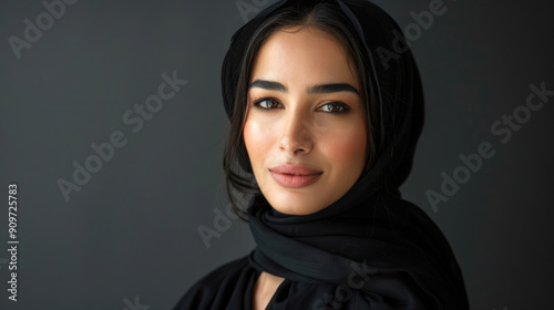 cheerful and smiling emirati woman with brown eyes and beautiful hair wearing black abaya looking forward