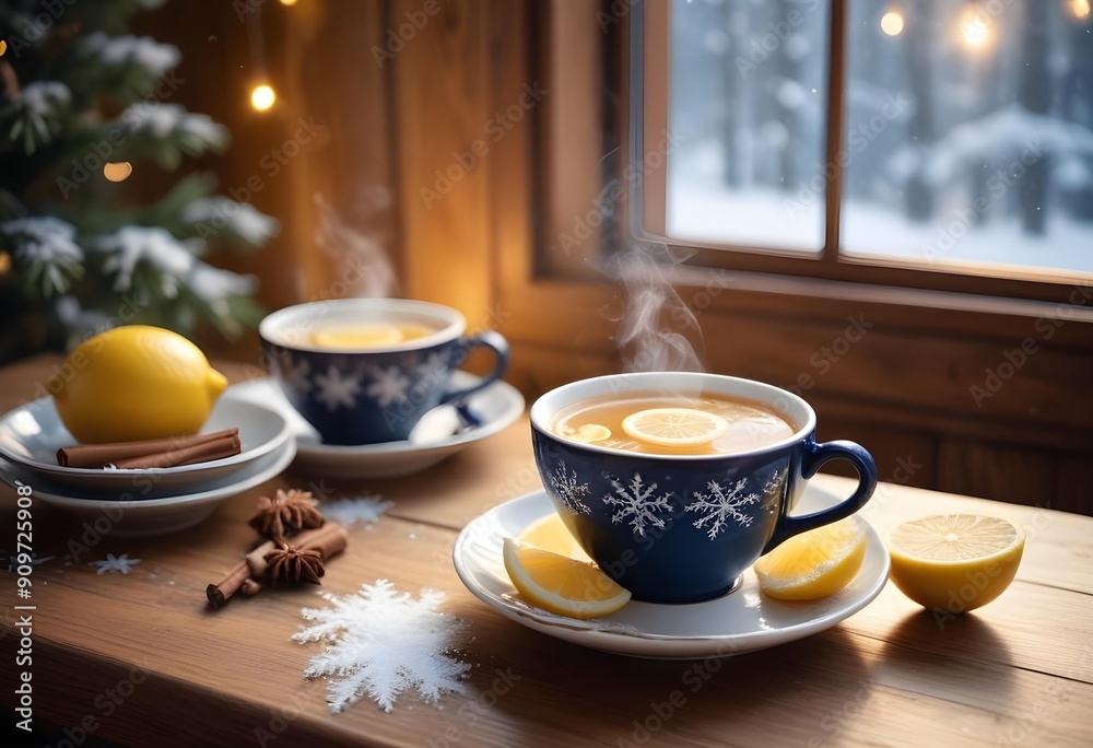 Warming winter tea with lemon served in a cozy wooden living room. Warming winter tea with lemon served in a cozy wooden living room.
