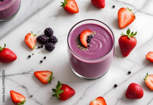 trawberry, blackberry, and blueberry smoothie served in an elegant, modern marble kitchen surrounded by fresh fruits.

 photo