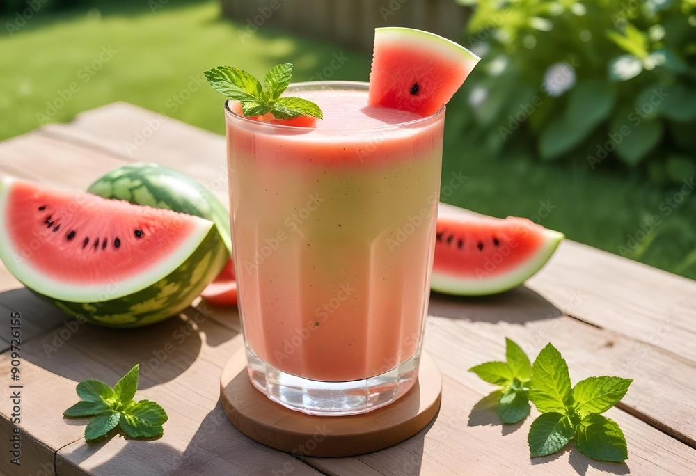 Watermelon drink with mint served outdoors surrounded by fruits. Watermelon drink with mint served outdoors surrounded by fruits.