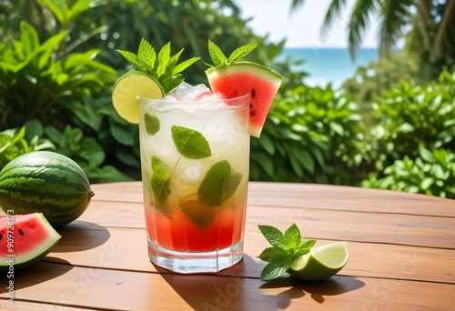 Fresh, refreshing drink with ice cubes, mint, and watermelon on a wooden countertop, with the ocean visible in the distance.