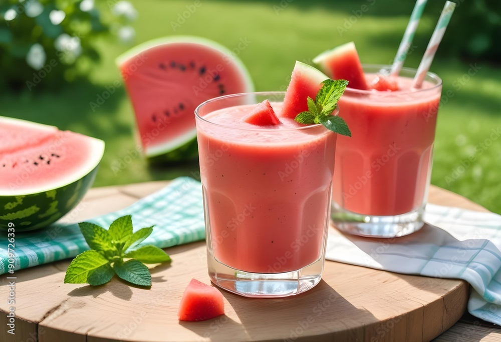 Watermelon drink with mint served outdoors surrounded by fruits. Watermelon drink with mint served outdoors surrounded by fruits.