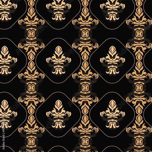 Wallpaper in the style of Baroque. Seamless vector background. Golden and black floral ornament. Graphic pattern for fabric, wallpaper, packaging. Ornate Damask flower ornament