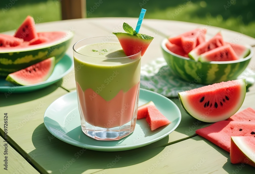Fresh, refreshing watermelon-mint drink with ice cubes served outdoors. Fresh, refreshing watermelon-mint drink with ice cubes served outdoors.