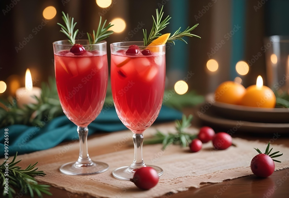 Refreshing fruit juice with ice cubes surrounded by oranges and winter decorations. Refreshing fruit juice with ice cubes surrounded by oranges and winter decorations.