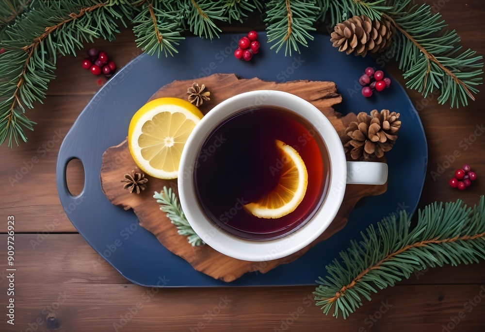 Warming tea with lemon surrounded by winter-autumn decorations. Warming tea with lemon surrounded by winter-autumn decorations.