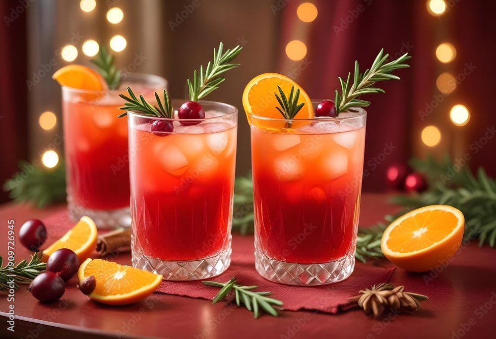 Refreshing fruit juice with ice cubes surrounded by oranges and winter decorations. Refreshing fruit juice with ice cubes surrounded by oranges and winter decorations.
