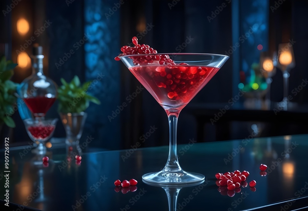 Elegantly served drink with pomegranate chunks in a restaurant, bar, or club. Elegantly served drink with pomegranate chunks in a restaurant, bar, or club.