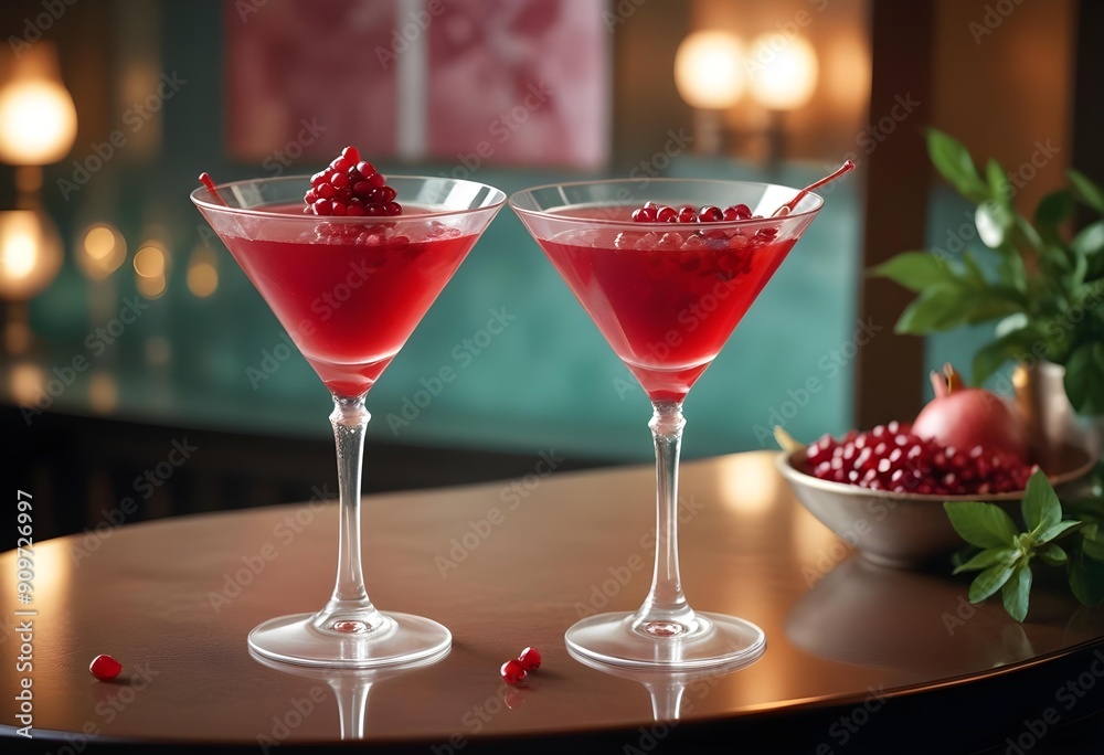 Elegantly served drink with pomegranate chunks in a restaurant, bar, or club. Elegantly served drink with pomegranate chunks in a restaurant, bar, or club.