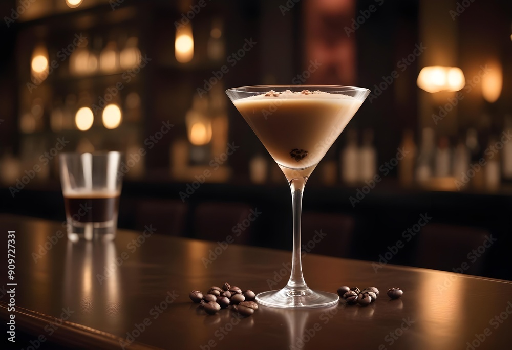 Coffee-flavored alcoholic drink served on a stone countertop in a restaurant or club, with scattered coffee beans on the surface. Coffee-flavored alcoholic drink served on a stone countertop in a restaurant or club, with scattered coffee beans on the surface.