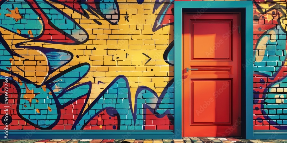 Obraz premium Bright Yellow Door in Vibrant Graffiti Setting