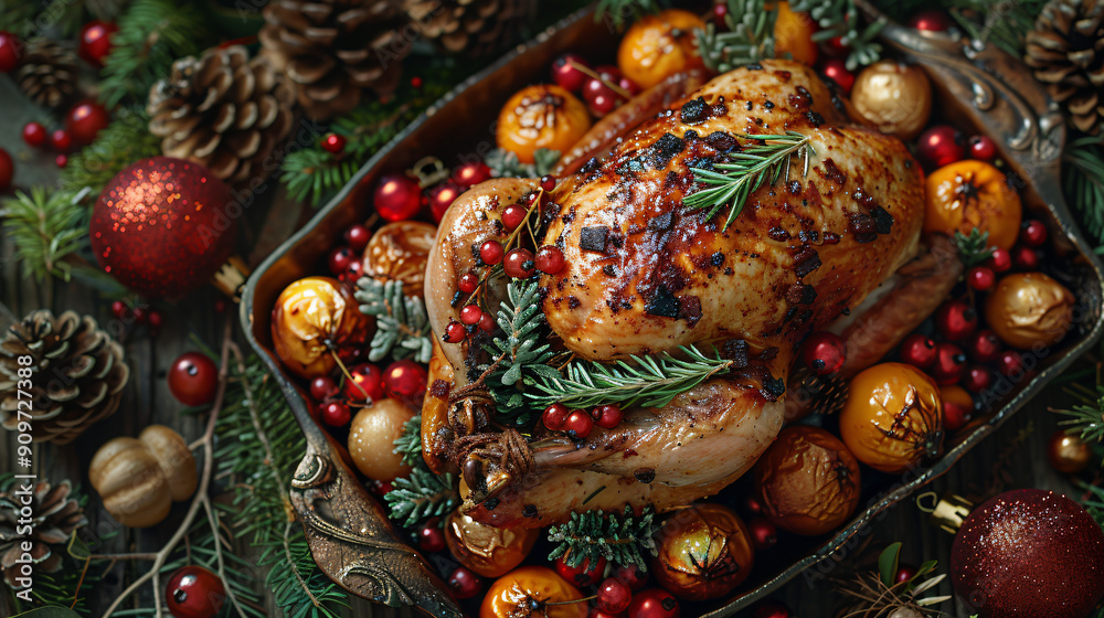 Roast grilled full chicken in dish with salad Roast grilled full chicken in dish with salad