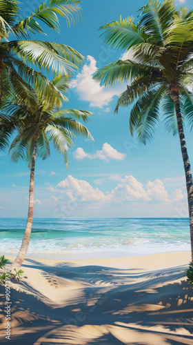 summer beach scene with open space on the beach and palm trees on the wide sandy beach with clear cloudy blue sky