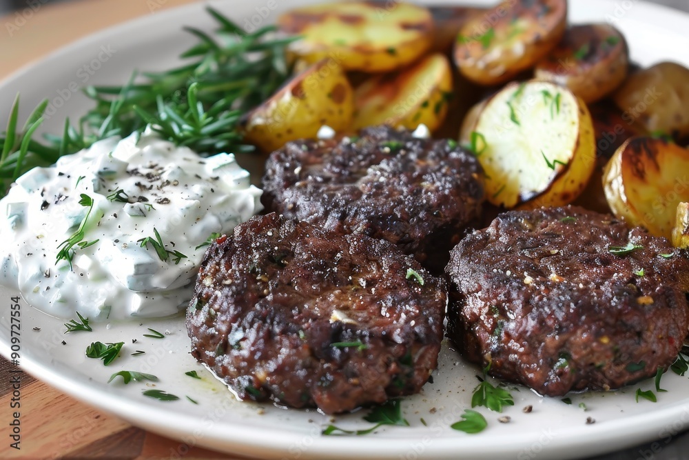 A plate of biftekia, Greek-style beef patties served with roasted potatoes and a side of tzatziki. A plate of biftekia, Greek-style beef patties served with roasted potatoes and a side of tzatziki.
