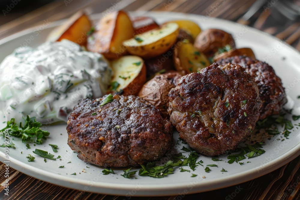A plate of biftekia, Greek-style beef patties served with roasted potatoes and a side of tzatziki. A plate of biftekia, Greek-style beef patties served with roasted potatoes and a side of tzatziki.