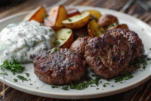 A plate of biftekia, Greek-style beef patties served with roasted potatoes and a side of tzatziki. photo