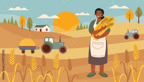 Harvest festival banner. Happy harvest poster. Autumn, harvest and Thanksgiving concept. Bread concept. Woman with wheat in the background of the field.