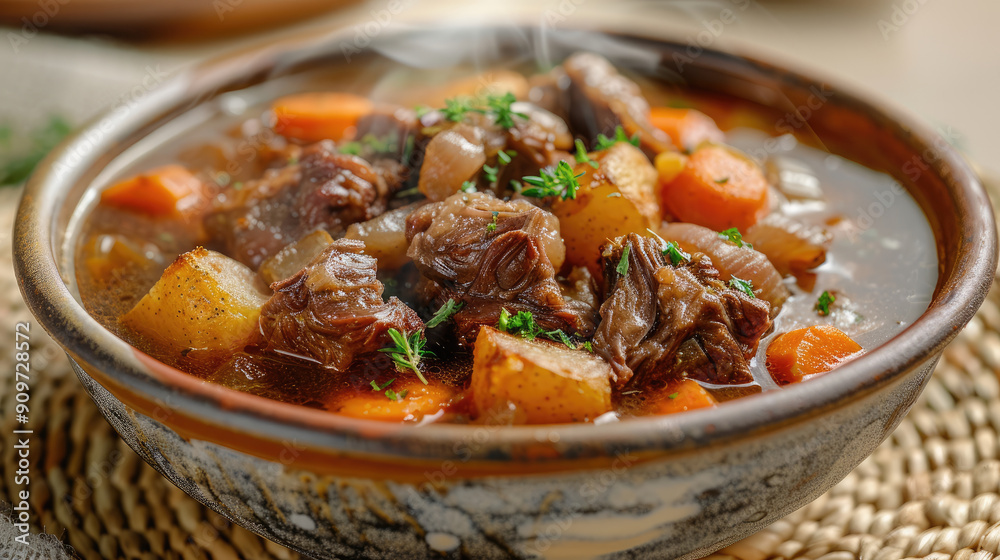 close-up oxtail meat soup dish with tender pieces of oxtail soaked in a rich savory broth with vegetables such as carrots, potatoes and onions served in a deep bowl on a warm creamy kitchen table close-up oxtail meat soup dish with tender pieces of oxtail soaked in a rich savory broth with vegetables such as carrots, potatoes and onions served in a deep bowl on a warm creamy kitchen table