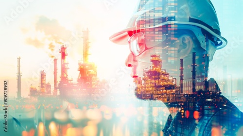 Double exposure Technician or Engineer head, an oil, gas, and petrochemical refinery facility demonstrates the future of electricity and the engineer background.