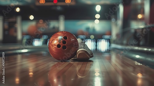 Close up of bowling ball and shoes at the bowling alley