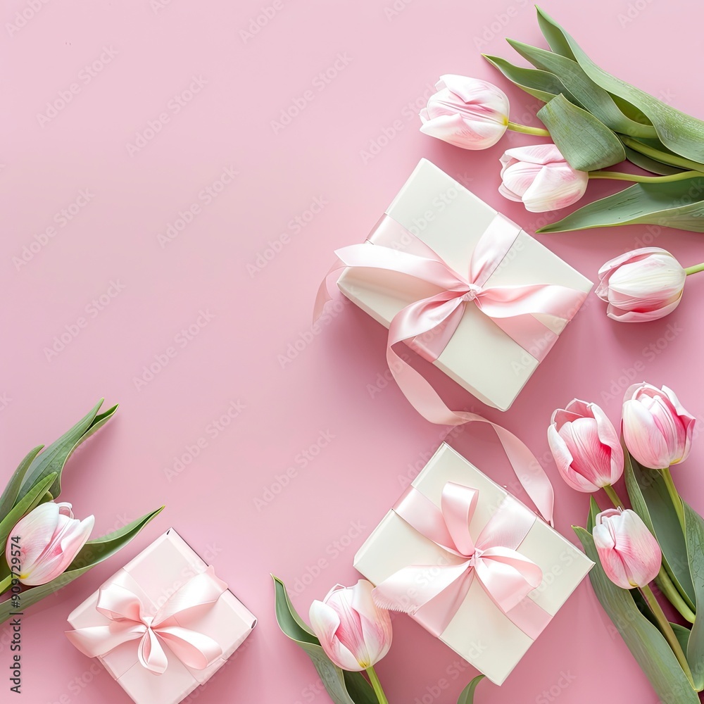 Mother's Day decorations concept. Top view photo of trendy gift boxes with ribbon bows and tulips on isolated pastel pink background with generative ai Mother's Day decorations concept. Top view photo of trendy gift boxes with ribbon bows and tulips on isolated pastel pink background with generative ai