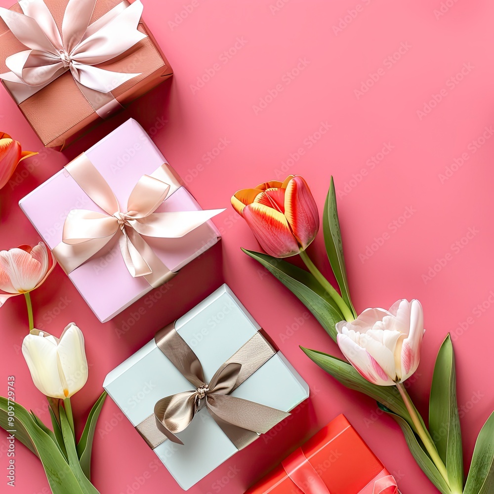 Mother's Day decorations concept. Top view photo of trendy gift boxes with ribbon bows and tulips on isolated pastel pink background with generative ai Mother's Day decorations concept. Top view photo of trendy gift boxes with ribbon bows and tulips on isolated pastel pink background with generative ai