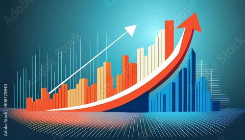 Abstract financial graph with ascending bars and dynamic arrows illustrating positive economic growth on a gradient background. Colorful Graphs Showing Economic Growth Trend  