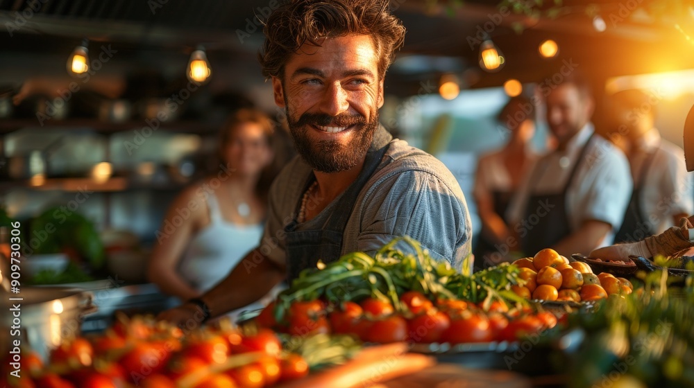 A lively cooking class where a chef guides participants through each step of preparing a gourmet meal A lively cooking class where a chef guides participants through each step of preparing a gourmet meal